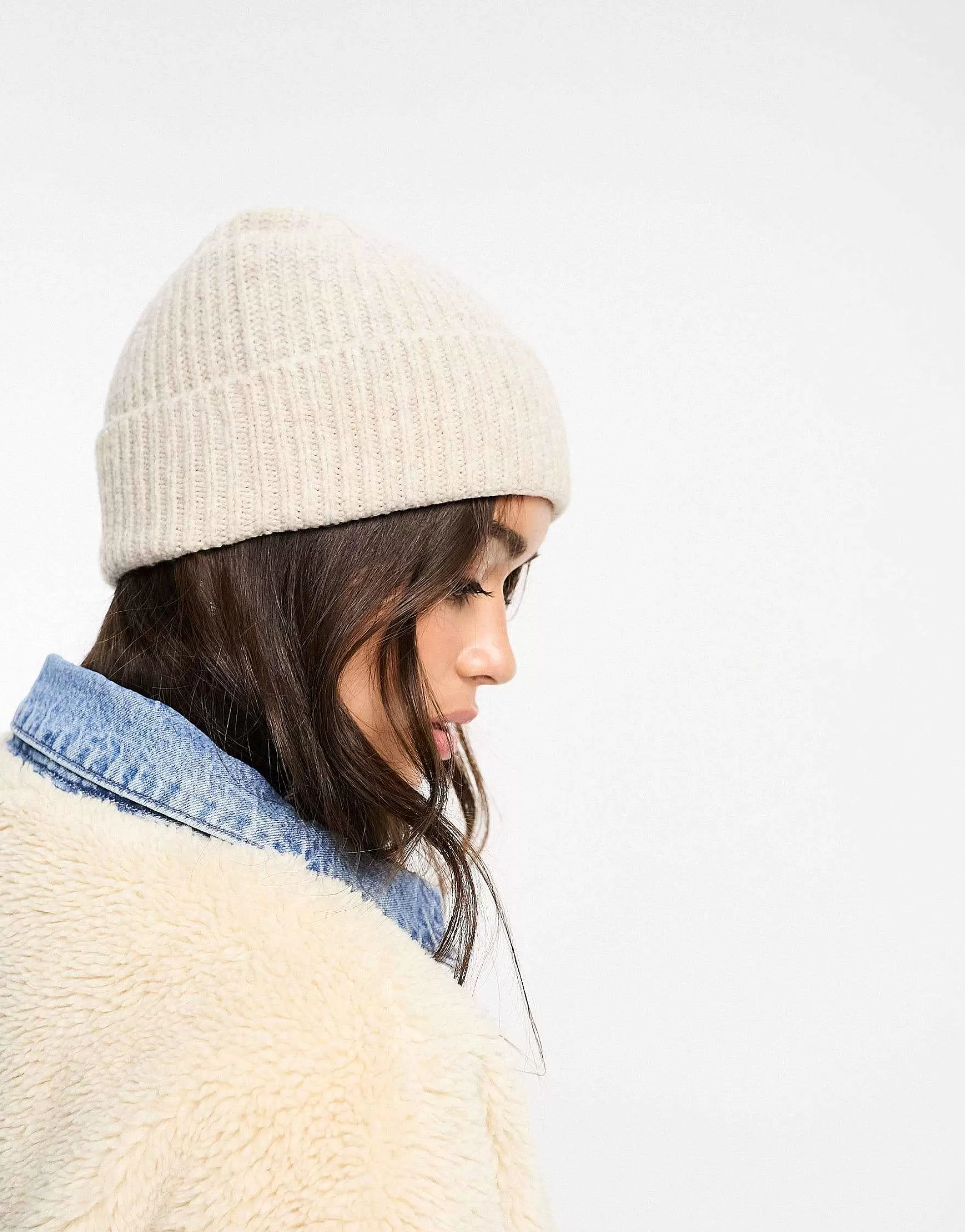 Women DESIGN Rib Knit Beanie In Cream