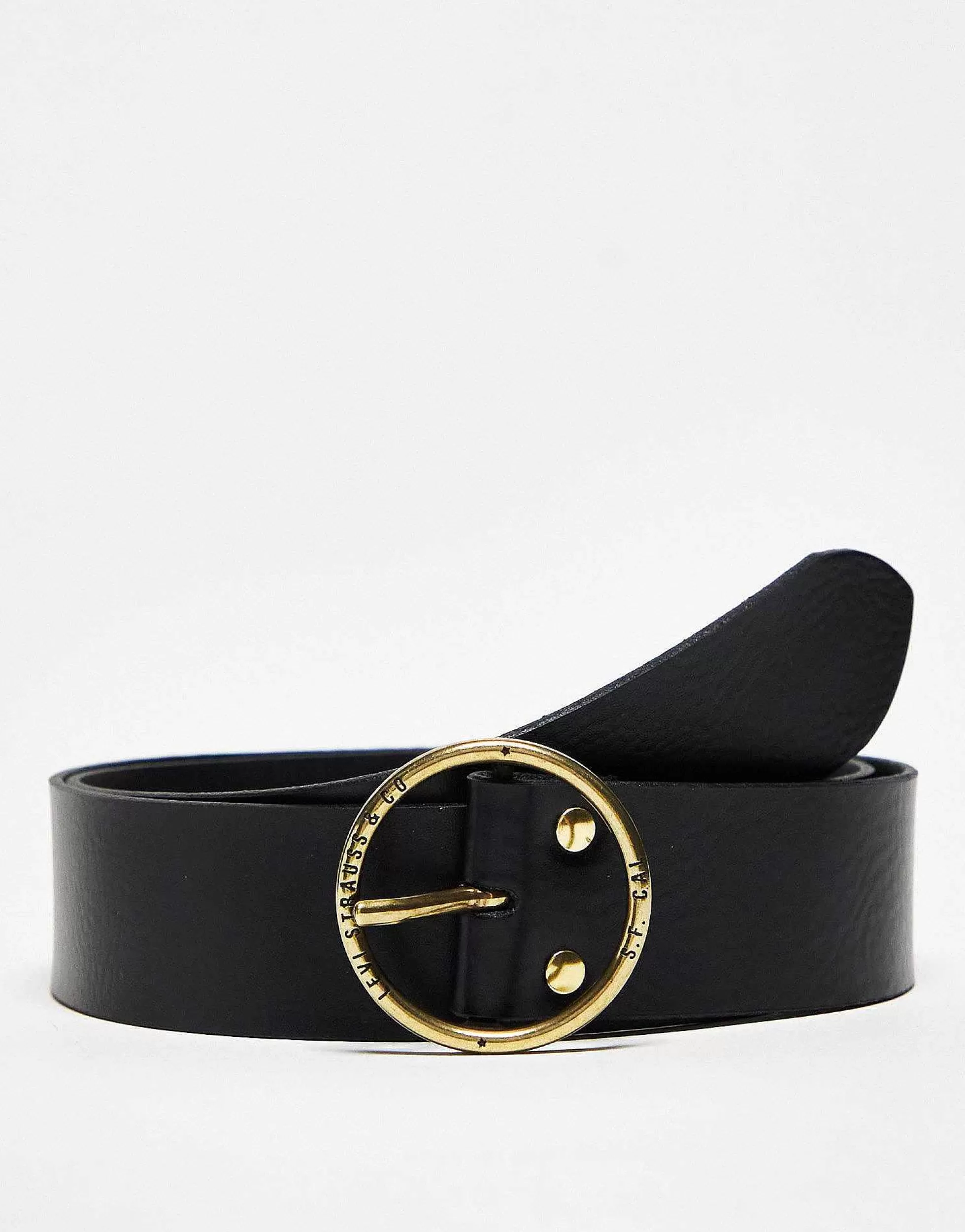 Women Levi's Leather Belt In Black With Gold Circle Buckle